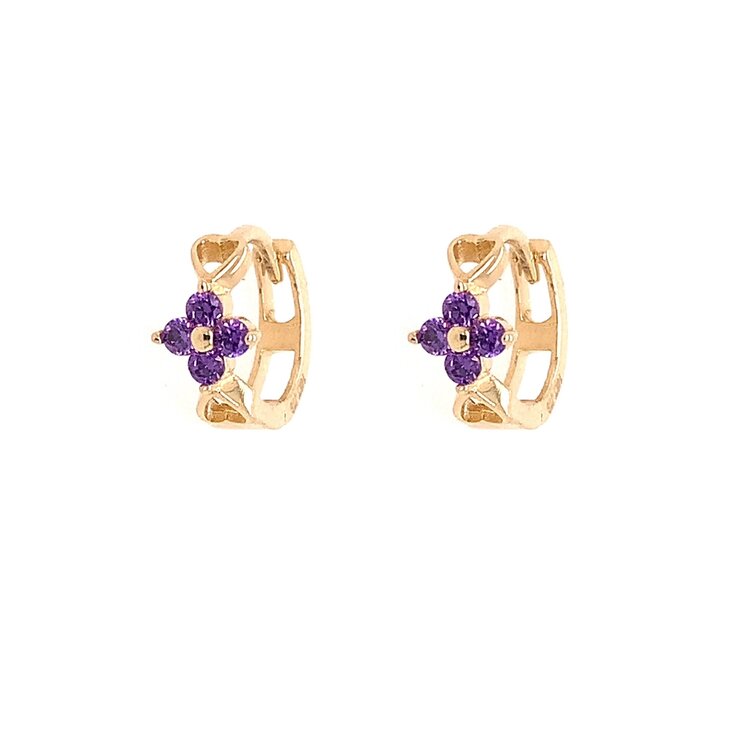 30498  14K YELLOW GOLD PURPLE FLOWER CUBIC ZIRCONIA HEARTS HUGGIES