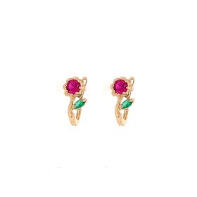 30946 14K YELLOW GOLD FUCHSIA  FLOWER WITH STEM AND GREEN  LEAF  CUBIC ZIRCONIA EUROPEAN LOCK HUGGIES