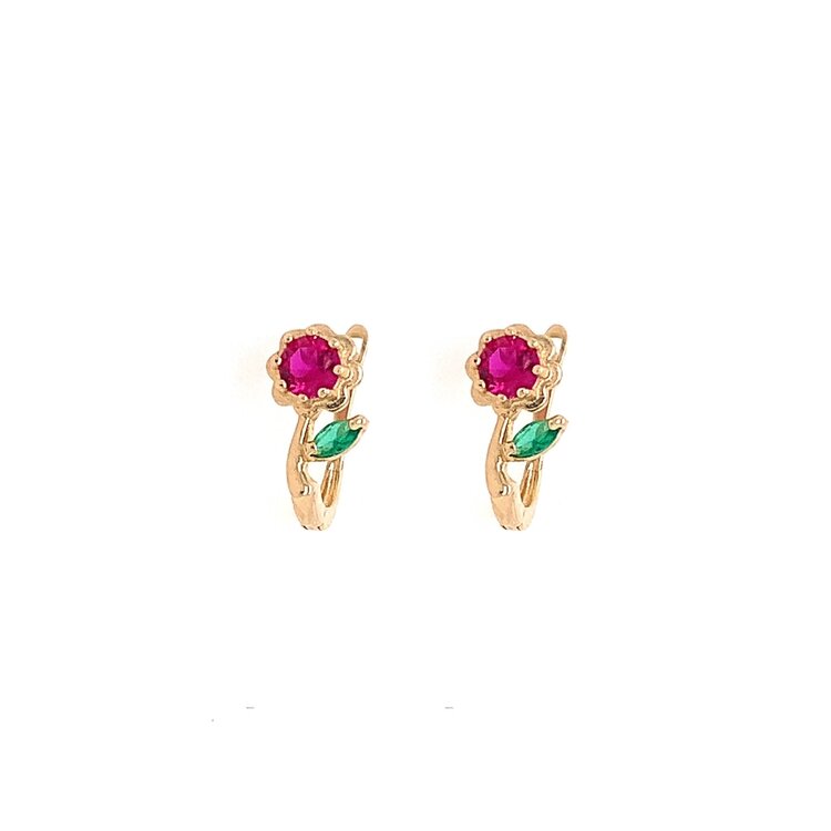 30946 14K YELLOW GOLD FUCHSIA  FLOWER WITH STEM AND GREEN  LEAF  CUBIC ZIRCONIA EUROPEAN LOCK HUGGIES