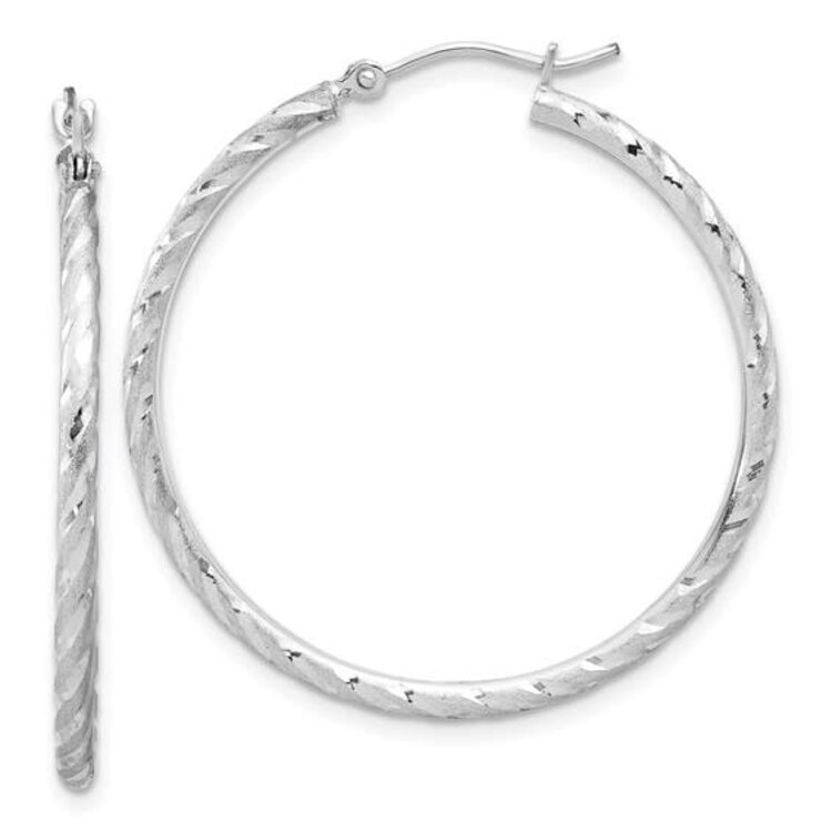 30965 14K WHITE GOLD 1.40" 2MM  SATIN FINISH DIAMOND CUT HOOPS