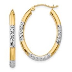 30967 14K TWO TONE 0.89" 2.75MM HIGH POLISH DIAMOND CUT OVAL HOOPS
