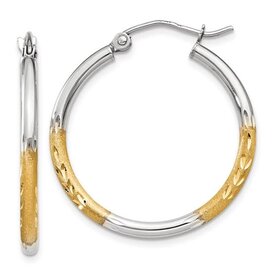 30969 14K TWO TONE 1" 2MM  HIGH POLISH SATIN/DIAMOND CUT FINISH HOOPS