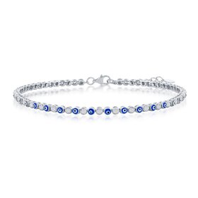 80218 STERLING SILVER CLASSIC ALTERNATING EVIL EYE BEZEL SET CUBIC ZIRCONIA TENNIS BRACELET