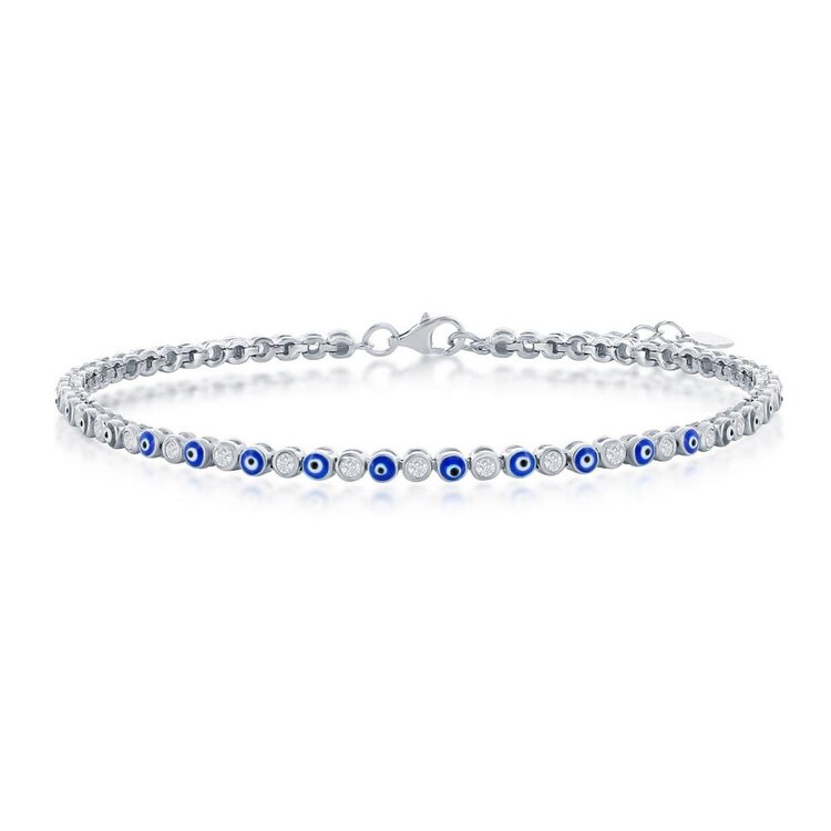 80218 STERLING SILVER CLASSIC ALTERNATING EVIL EYE BEZEL SET CUBIC ZIRCONIA TENNIS BRACELET