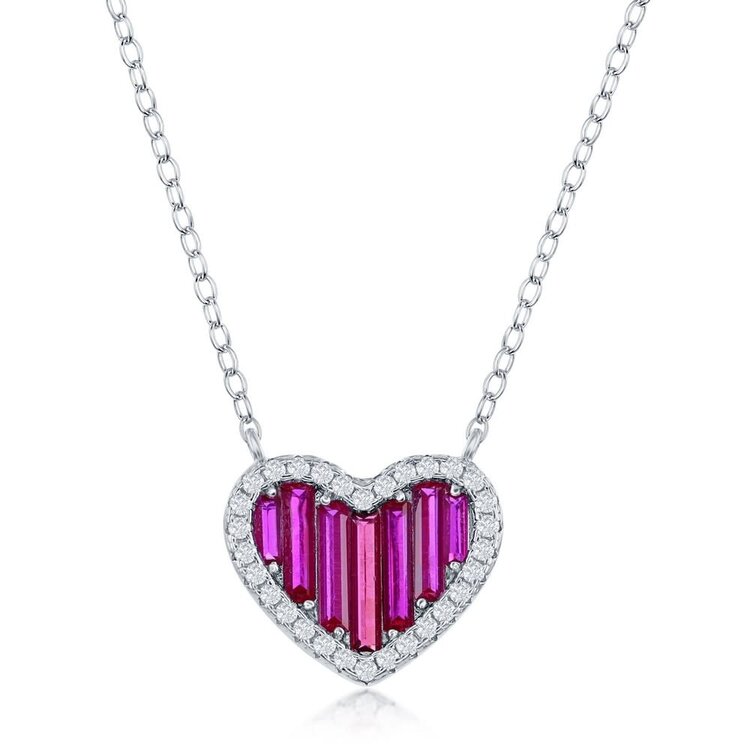 80219 STERLING SILVER CLASSIC RUBY CUBIC ZIRCONIA BAGUETTE HEART NECKLACE
