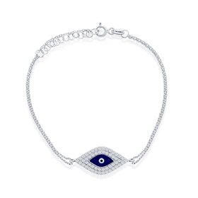 80220 STERLING SILVER CLASSIC DOUBLE STRAND CUBIC ZIRCNIA BLUE ENAMEL EVIL EYE BRACELET