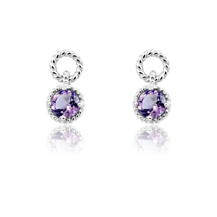 80230 STERLING SILVER CLASSIC ROUND AMETHYST TWISTED WIRE HANGING EARINGS