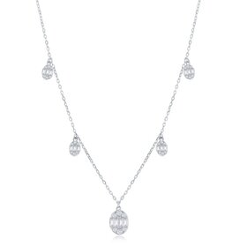 80234 CLASSIC STERLING SILVER BAGUETTE AND ROUND CUBIC ZIRCONIA OVAL HANGING CHARMS NECKPIECE