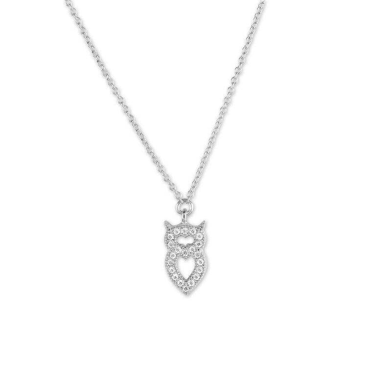 80236 CLASSIC STERLING SILVER 14+2" CHAIN MICRO PAVE SMALL OWL PENDANT NECKLACE