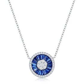 80237 CLASSIC STERLING SILVER WHITE AND BLUE CUBIC ZIRCONIA BAGUETTE  CIRCLE PENDANT NECKLACE