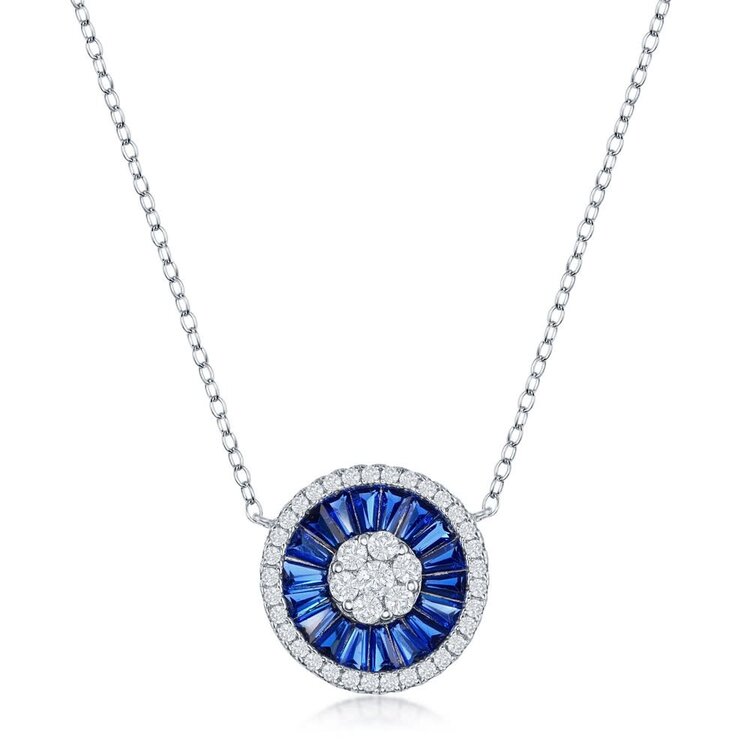 80237 CLASSIC STERLING SILVER WHITE AND BLUE CUBIC ZIRCONIA BAGUETTE  CIRCLE PENDANT NECKLACE