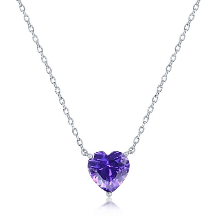 80258 CLASSIC STERLING SILVER 8MM (FEBRUARY) AMETHYST CRYSTAL HEART SHAPED PENDANT NECKLACE