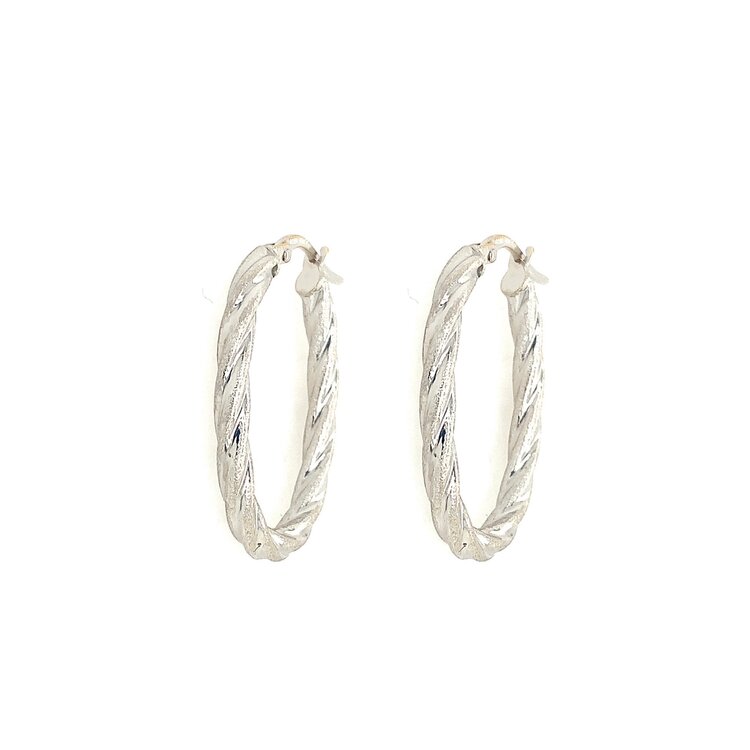 30961 14K WHITE GOLD 1.15" 3MM HIGH POLISH AND BRUSHED FINISH TWISTED OVAL HOOPS
