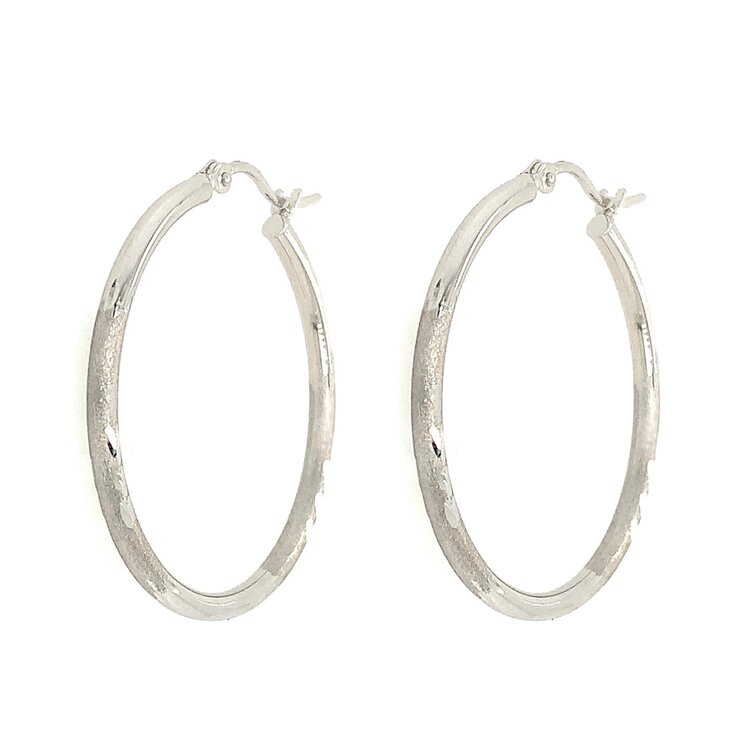30960 14K WHITE GOLD 1.20" 2MM BRUSHED FINISH DIAMOND CUT HOOPS