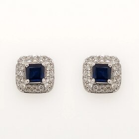32088 14K WHITE GOLD SAPPHIRE PRINCESS CUT DIAMOND  HALO STUDS