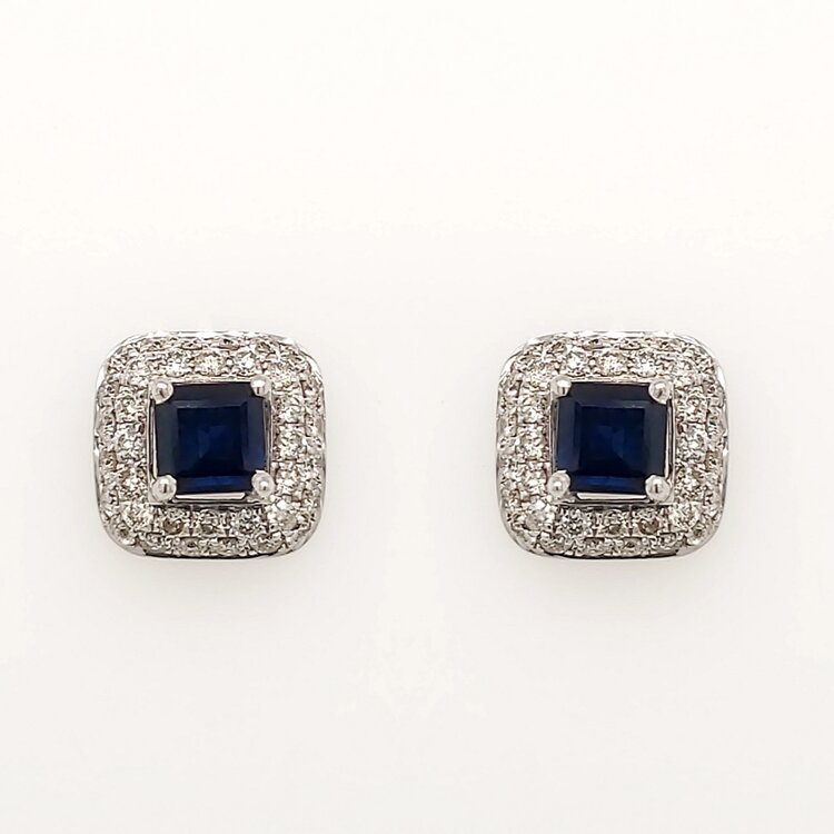 32088 14K WHITE GOLD SAPPHIRE PRINCESS CUT DIAMOND  HALO STUDS