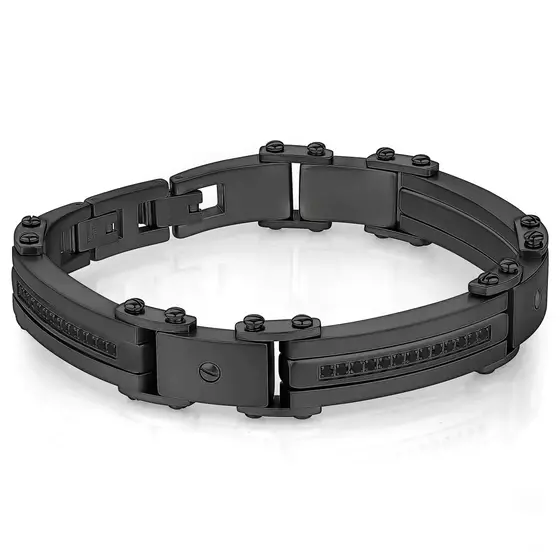 Mens Black Leather and Black Stainless Steel Bracelet with Cubic Zirconia