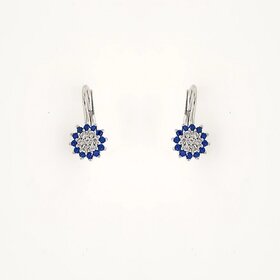 30979 18K WHITE GOLD BLUE CUBIC ZIRCONIA CLUSTER FLOWER LEVER BACKS EARRINGS