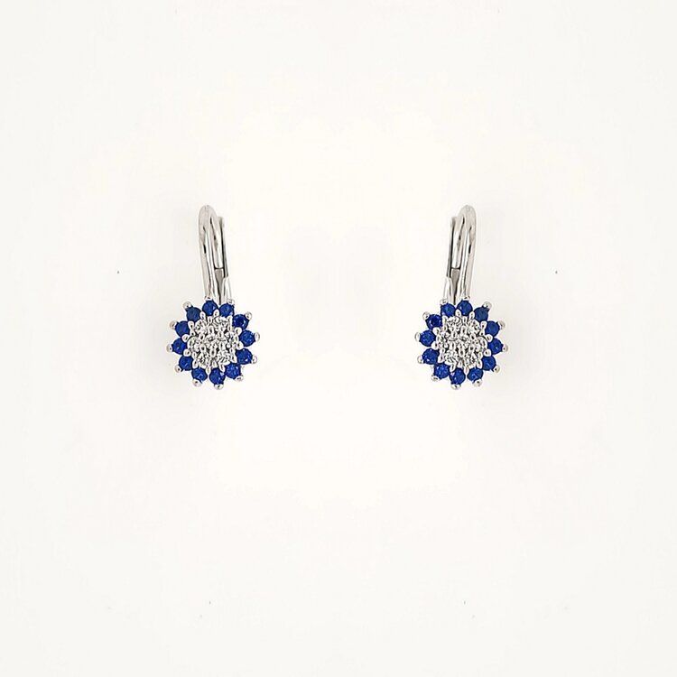 30979 18K WHITE GOLD BLUE CUBIC ZIRCONIA CLUSTER FLOWER LEVER BACKS EARRINGS