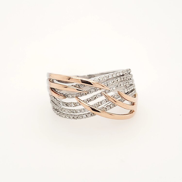 40267 14K TWO TONE .60CTW DIAMOND 5 ROW OPEN WAVED CUT OUT  CROSSOVER FASHION RING