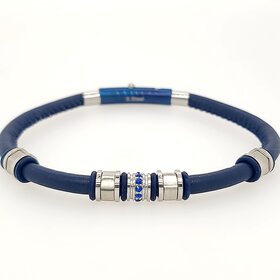 SLB480 ITALGEM STAINLESS STEEL BLUE MATTE CLASP BLUE CUBIC ZIRCONIA BLUE LEATHER BRACELET