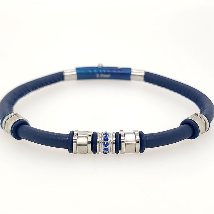SLB480 ITALGEM STAINLESS STEEL BLUE MATTE CLASP BLUE CUBIC ZIRCONIA BLUE LEATHER BRACELET