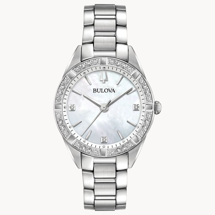 bulova 042429594944 BULOVA STAINLESS STEEL MOTHER OF PEARL DIAL DIAMOND SAPPHIRE CRYSTAL LADIES WATCH
