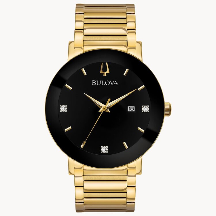 bulova 042429551060 BULOVA FUTURO GOLD TONE BLACK DIAL THREE DIAMOND CURVED CRYSTAL MEN'S WATCH