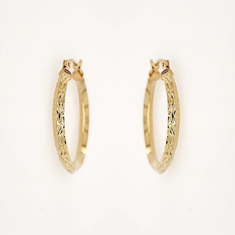 30985 14K YELLOW GOLD 1" 2.50MM DIAMOND CUT MOUNTAIN PEAK DESIGN HOOPS
