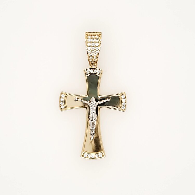 77252 14K TWO TONE 1.65" CUBIC ZIRCONIA CURVED EDGES CRUCIFIX