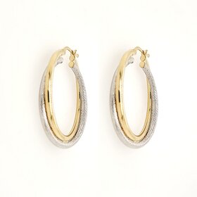 30989 14K TWO TONE 1.45"  TEXTURE HIGH POLISH DOUBLE HOOP HOOPS