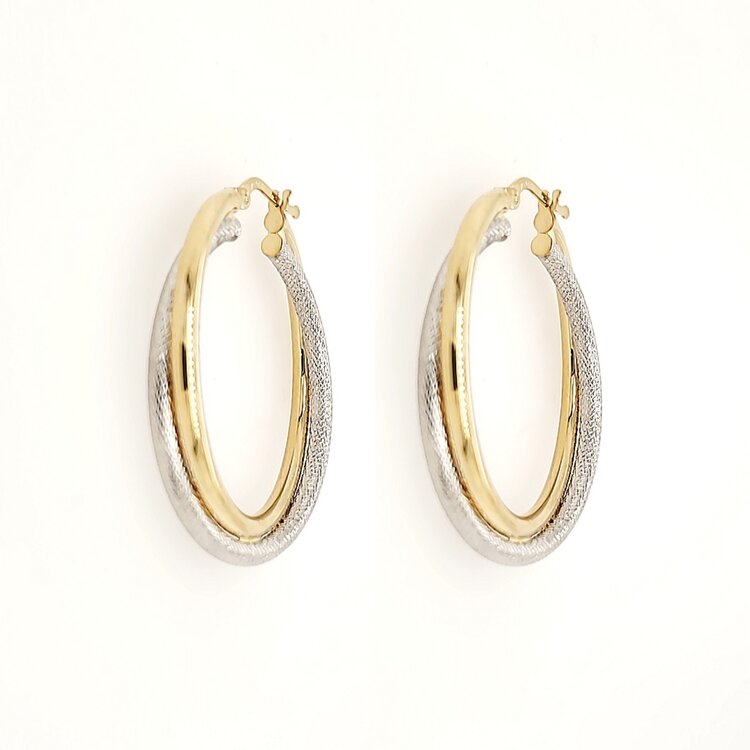 30989 14K TWO TONE 1.45"  TEXTURE HIGH POLISH DOUBLE HOOP HOOPS