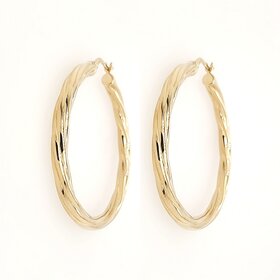 30991 14K YELLOW GOLD 1.45" 4MM HIGH POLISH TWISTED LINED HOOPS