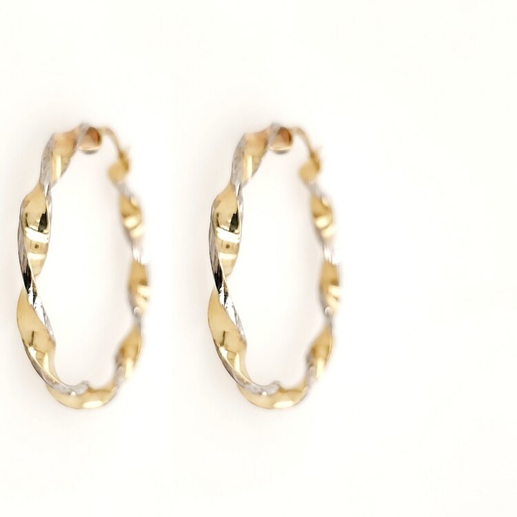 30988 14K TWO TONE 1.5" 3.90MM HIGH POLISH TWISTED DIAMOND CUT HOOPS
