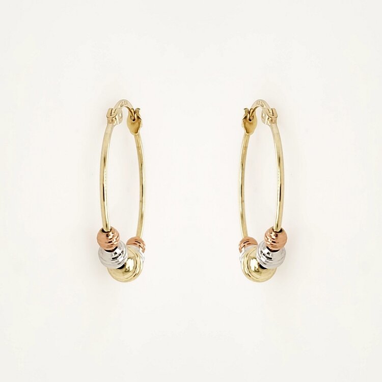 30998 14K TRI-COLOR DIAMOND CUT MOVING BEADS HOOPS