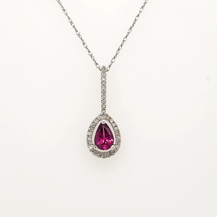 70100 14K WHITE GOLD .10CT DIAMOND BAIL & HALO WITH OPEN PEAR SHAPE CENTER RHODOLITE PENDANT SET