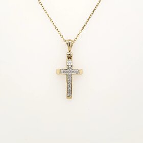 75049 14K YELLOW GOLD .05CTW DIAMOND RAISED DESIGN SMALL CROSS PENDANT SET