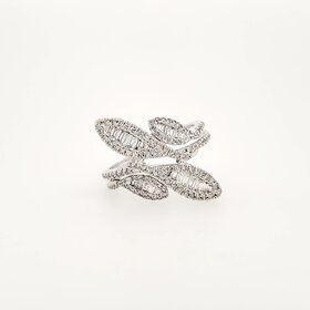 40283 14K WHITE GOLD .75CTW DIAMOND BAGUETTE AND ROUND LEAVES DESIGN RING