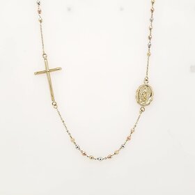 60119 14K TRICOLOR DIAMOND CUT BEADED SIDE WAY ROSARY NECKLACE