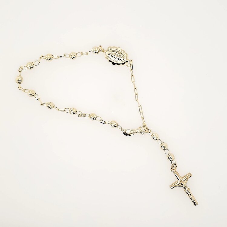 20317 14K YELLOW GOLD DIAMOND CUT BEADED MIRACULOUS MEDAL ROSARY BRACELET