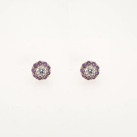 31048 14K YELLOW GOLD HALO PURPLE CUBIC ZIRCONIA FLOWER SCREWBACKS EARRINGS