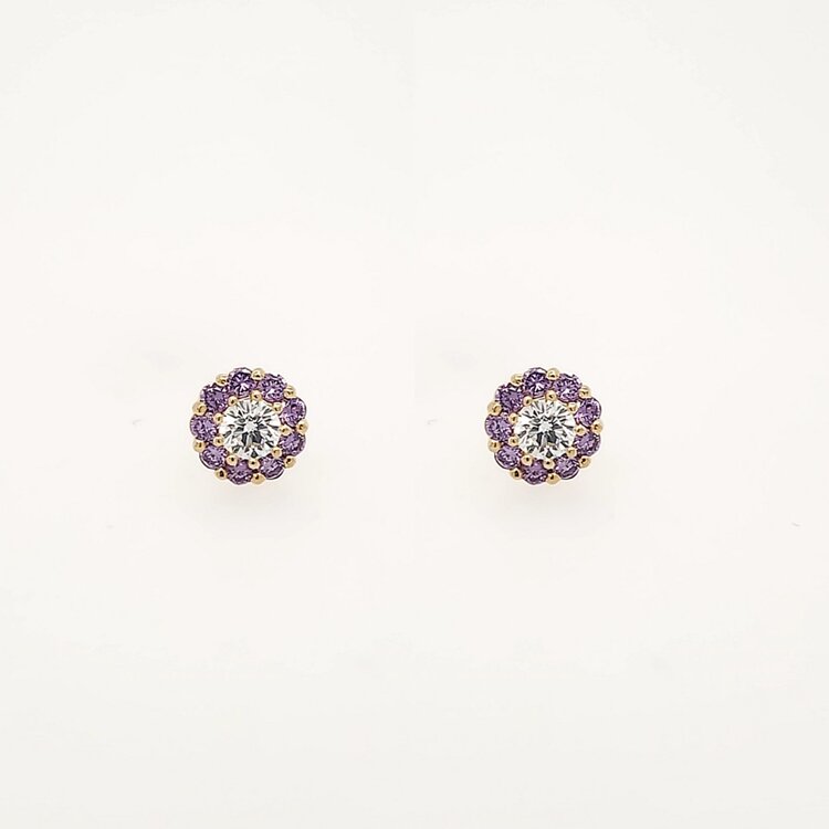 31048 14K YELLOW GOLD HALO PURPLE CUBIC ZIRCONIA FLOWER SCREWBACKS EARRINGS