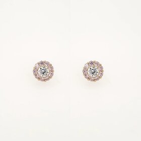 31047 YELLOW GOLD HALO  PINK CUBIC ZIRCONIA WHITE CENTER FLOWER SCREWBACKS  EARRINGS