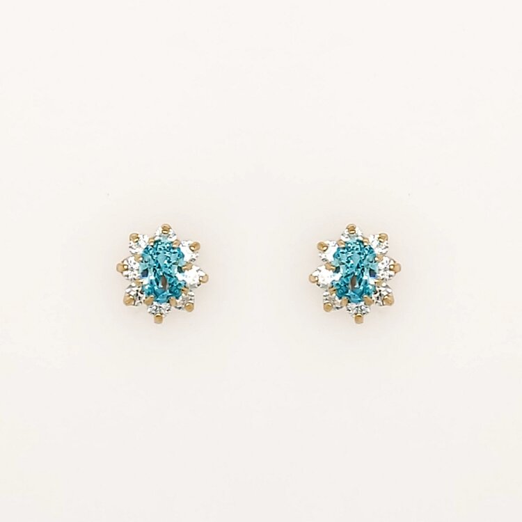 31051 14K YELLOW GOLD OVAL LIGHT BLUE CUBIC ZIRCONIA HALO SCREWBACKS BABY EARRINGS