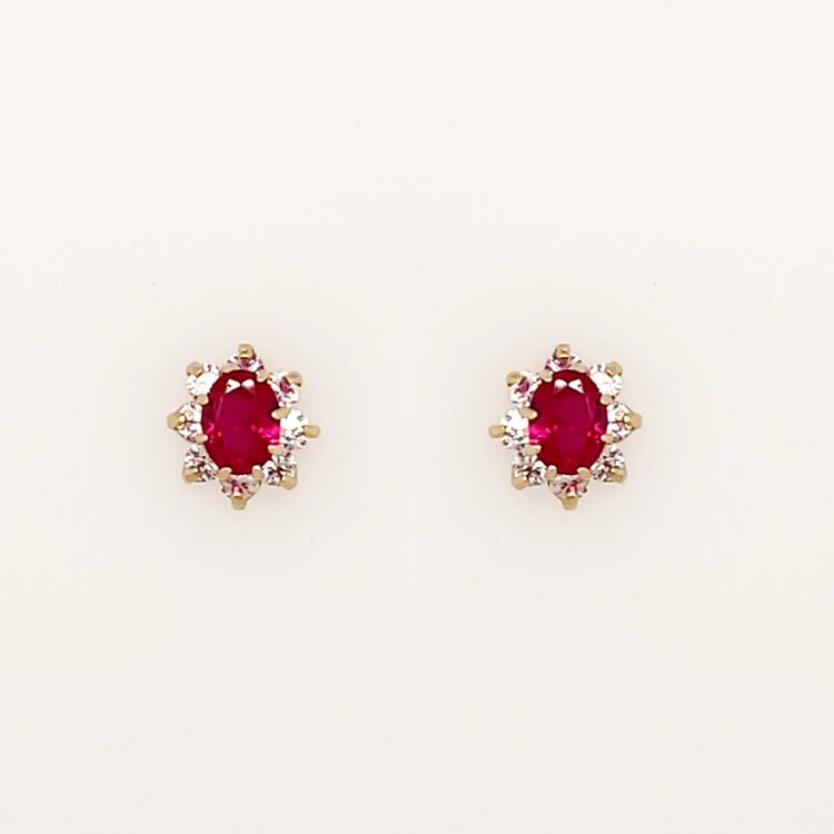 31052 14K YELLOW GOLD OVAL RED CUBIC ZIRCONIA HALO SCREWBACKS BABY EARRINGS
