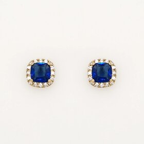 31057 14K YELLOW GOLD CUSHION CUT SYNTHETIC SAPPHIRE WHITE CUBIC ZIRCONIA HALO SCREWBACKS BABY EARRINGS