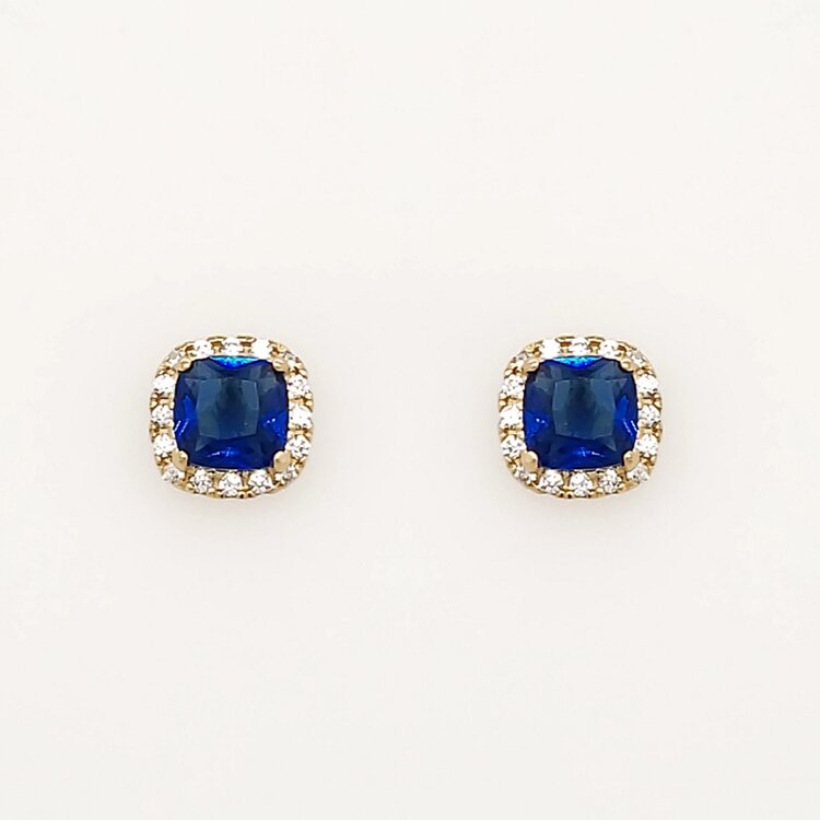31057 14K YELLOW GOLD CUSHION CUT SYNTHETIC SAPPHIRE WHITE CUBIC ZIRCONIA HALO SCREWBACKS BABY EARRINGS
