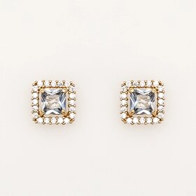 31056 14K YELLOW GOLD 7MM SQUARE  HALO SYNTHETIC AQUAMARINE SCREWBACKS BABY EARRINGS