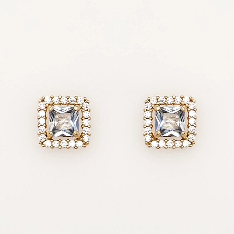 31056 14K YELLOW GOLD 7MM SQUARE  HALO SYNTHETIC AQUAMARINE SCREWBACKS BABY EARRINGS