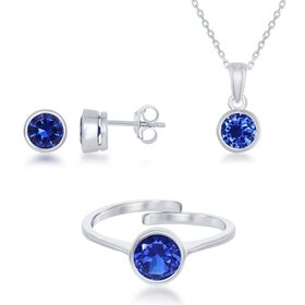 80275 STERLING SILVER SYNTHETIC SAPPHIRE BEZEL SET NECKLACE / EARRINGS / RING
